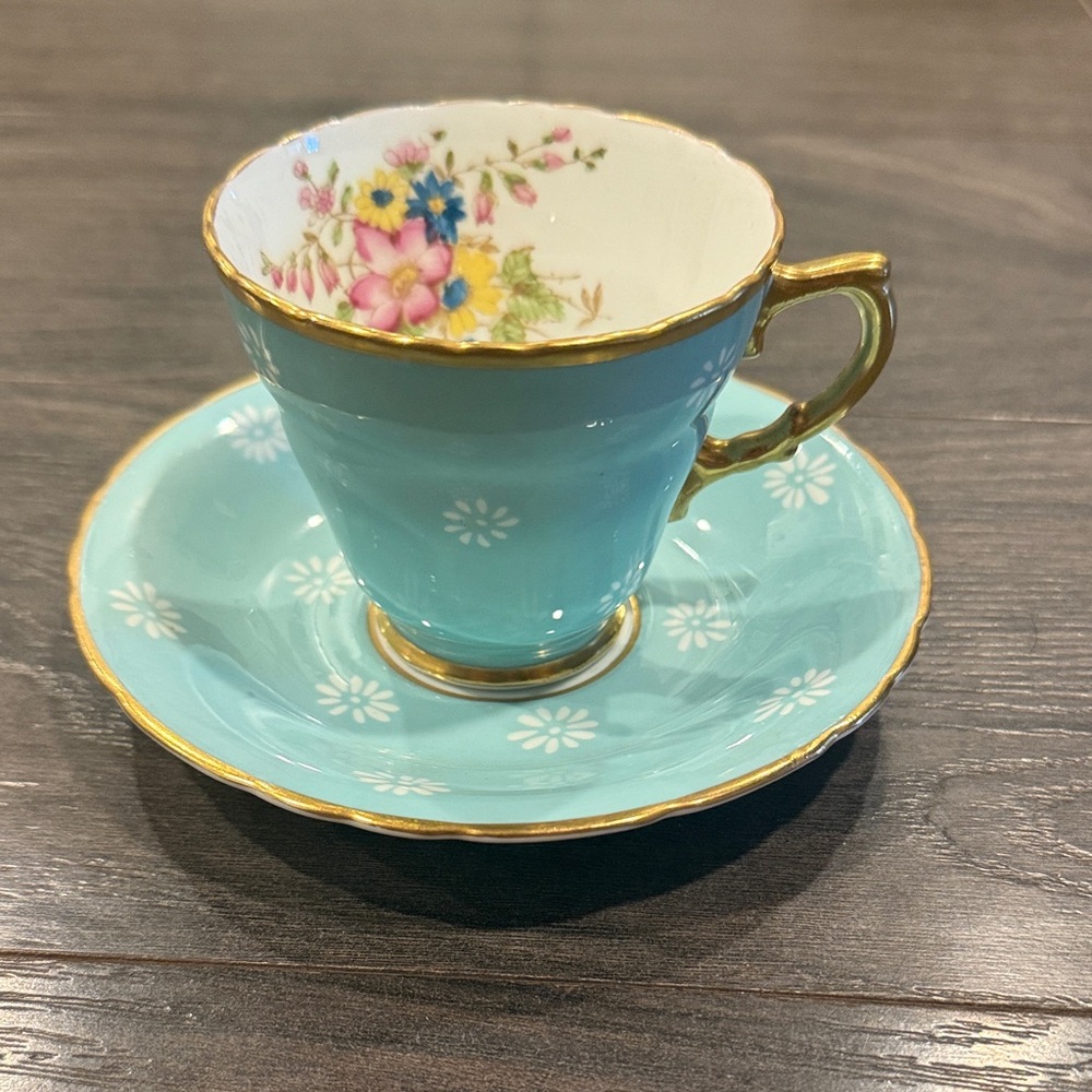 Floral Teacup and Saucer with Gold Trim